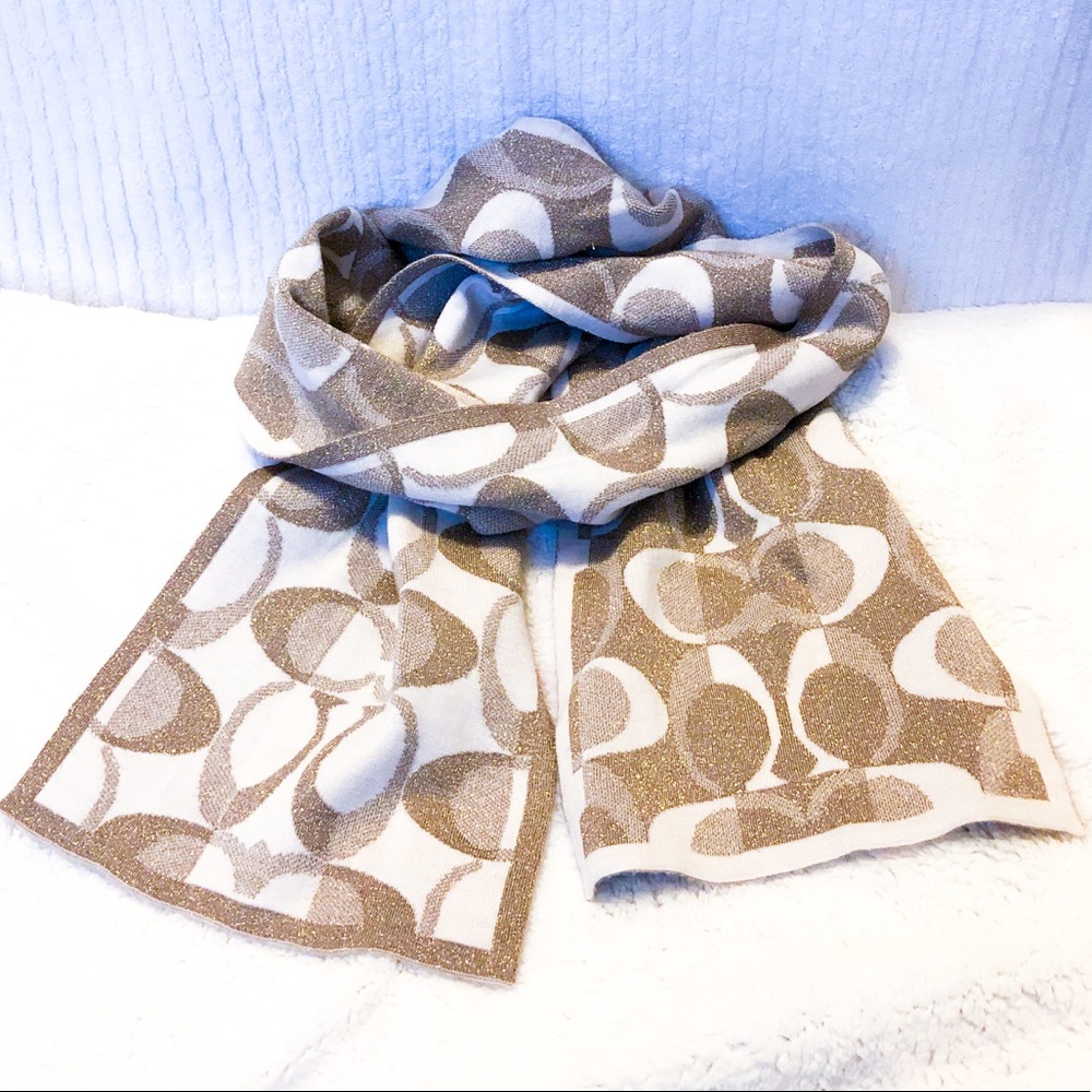 Coach Designer Monogram Gold Ivory Glitter Scarf - Picture 2 of 6